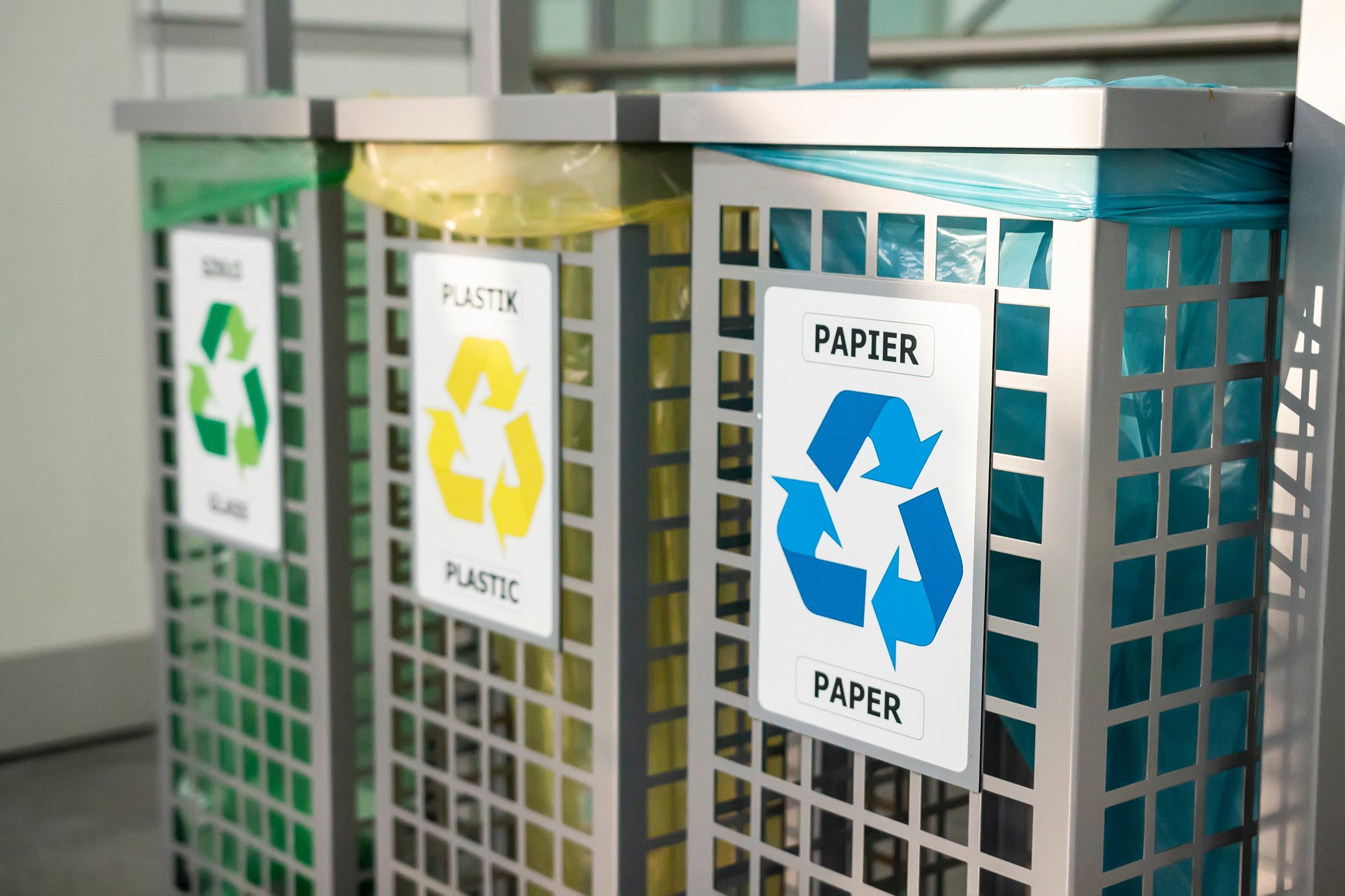 Recycling concept. bins for different garbage. Waste management concept. Waste segregation. Separation of waste on garbage cans. Sorting waste for recycling. Disposal waste. Colored bins with trash.